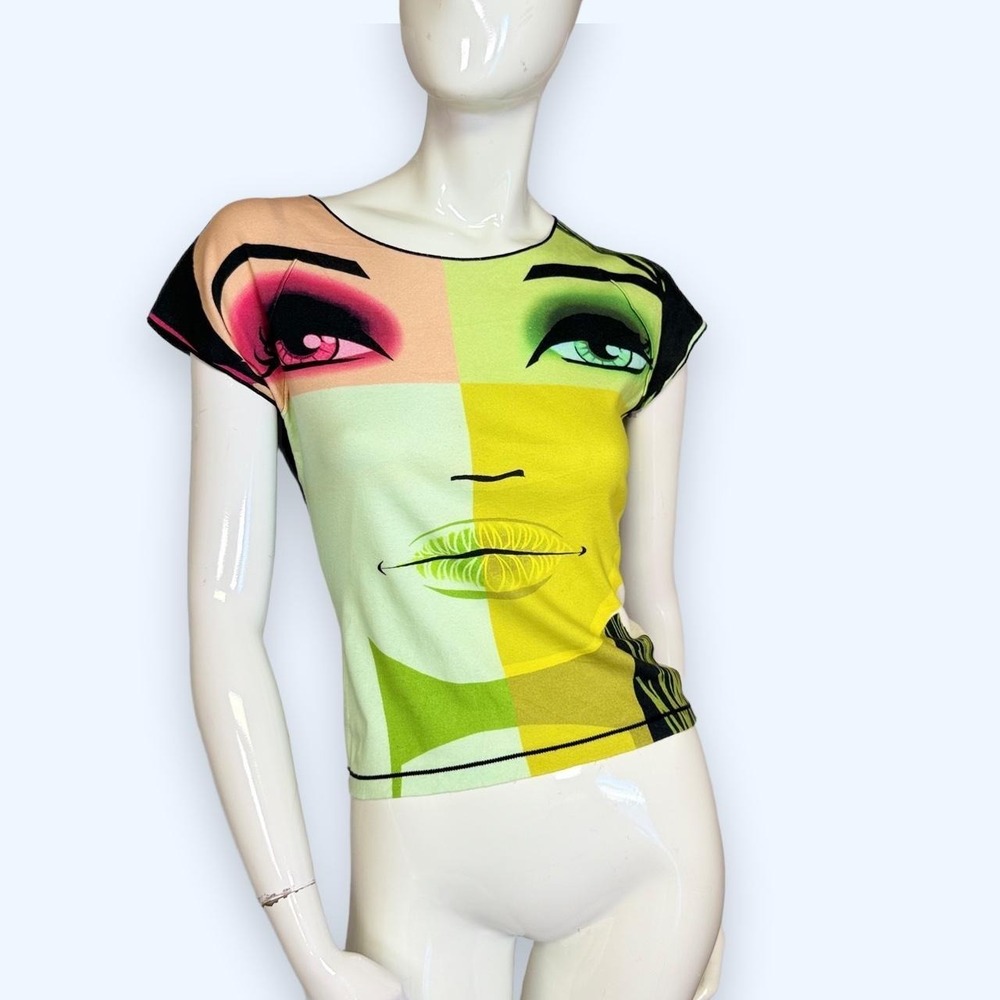 Custo Barcelona Pop Art Face Graphic Baby Tee Y2K Neon Striped Top Medium